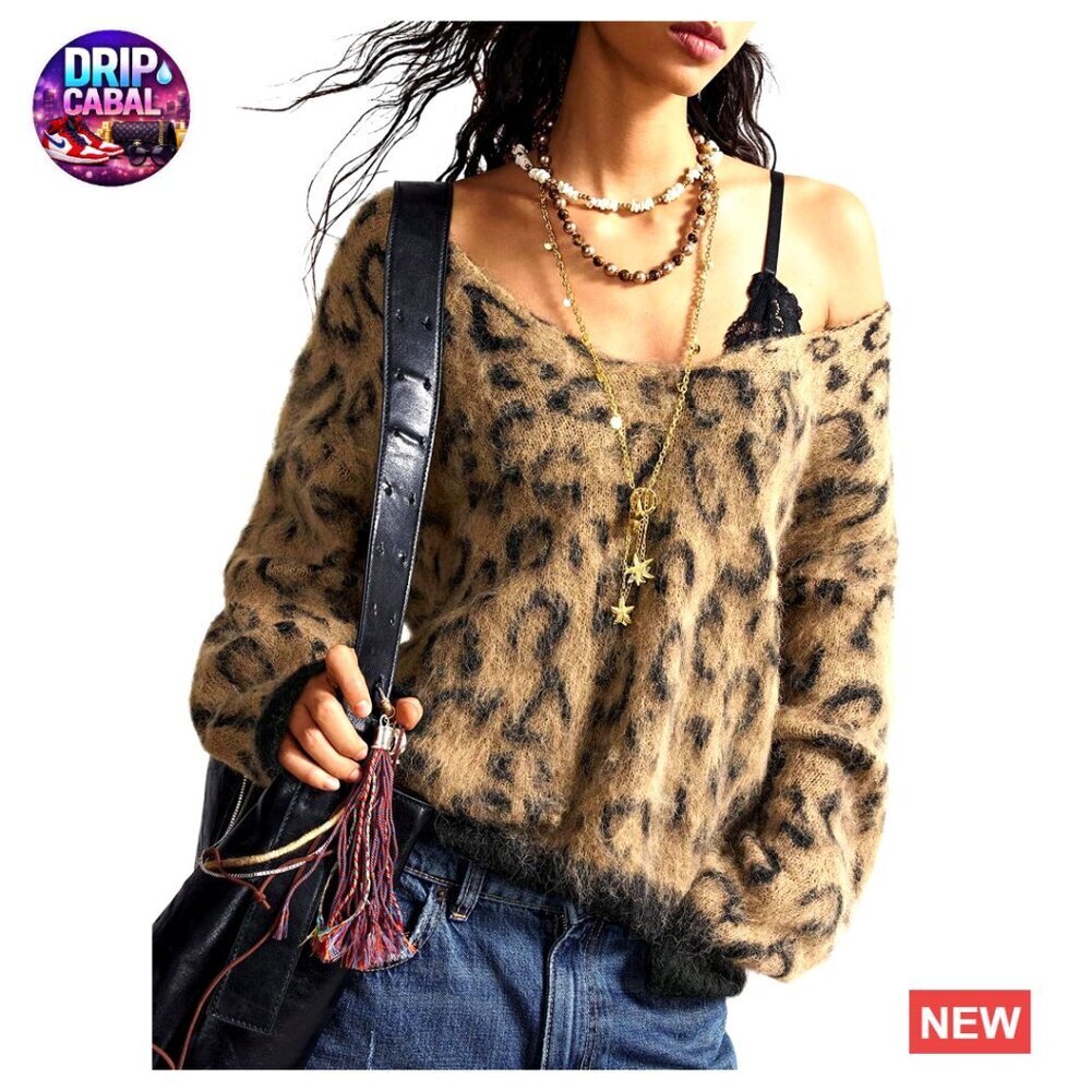 Off Shoulder Fuzzy Sweater V Neck Oversized Leopard Print Fall Trendy